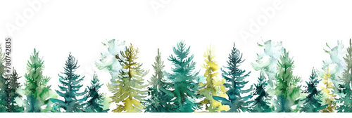 Seamless Watercolor Pine Tree Border in Shades of Green