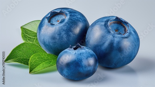 Closeup Blueberries, a type of fruit, with green leaves on a white background