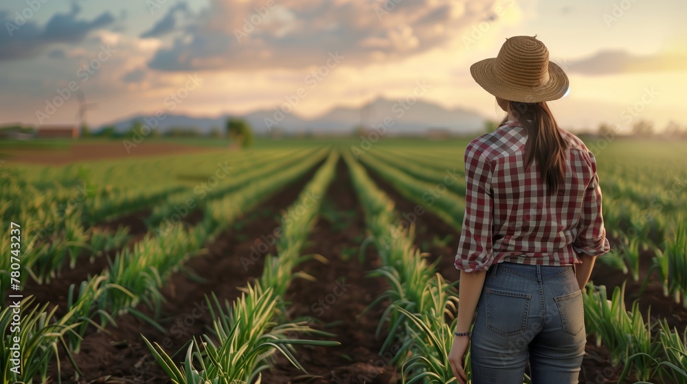 A young farmer farming onions. Field landscape from the back. Generated by artificial intelligence. A young farmer farming onions. Field landscape from the back. Generated by artificial intelligence.