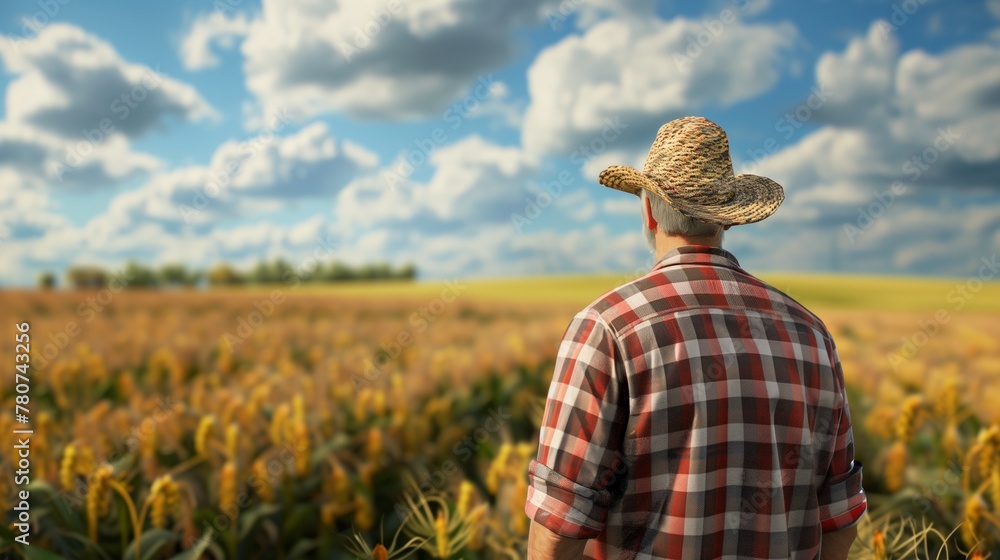 A farmer looking towards the crops. Field landscape from the back. Generated by artificial intelligence. A farmer looking towards the crops. Field landscape from the back. Generated by artificial intelligence.