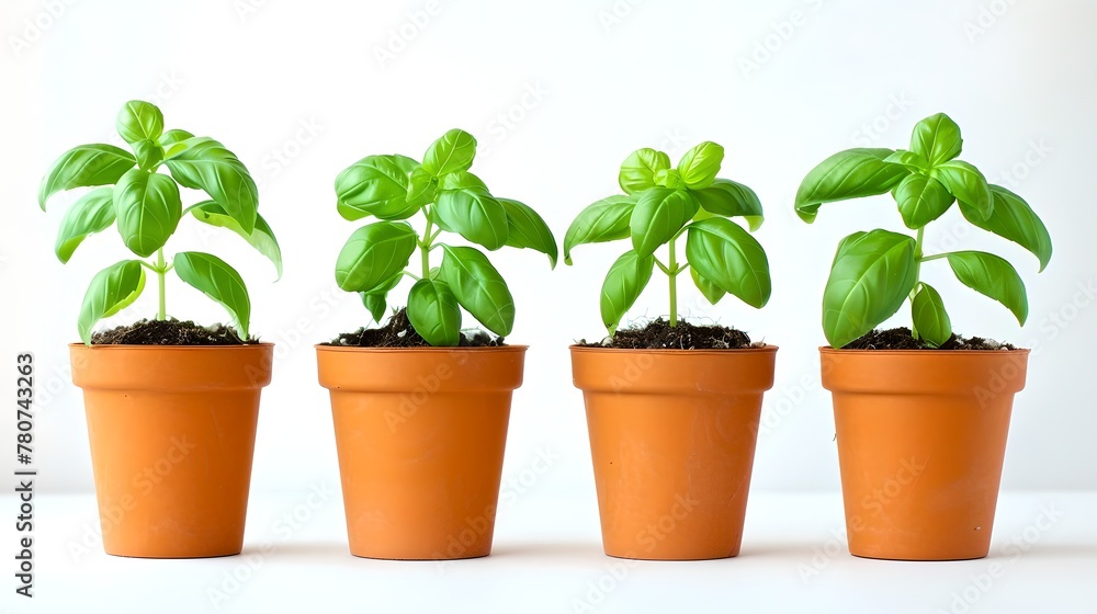 Three healthy basil plants in terracotta pots on a white background. Vibrant green, perfect for gardening and culinary use. Fresh herbs for cooking. AI