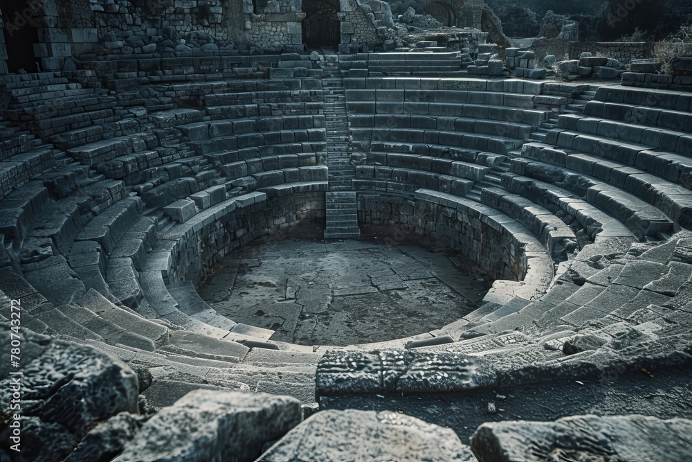 First Amphitheaters Ancient amphitheater ruins, once a cradle of art and performance, stand ...