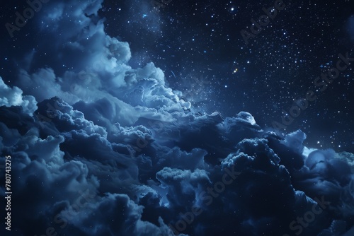 Starry night clouds illuminated by moonlight create an enchanting skyscape, a fusion of night's mystery and day's light.