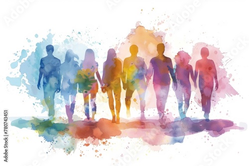 Colorful group silhouette with watercolor reflection - A dynamic depiction of group of people as silhouettes with a reflective watercolor effect, symbolizing collaboration photo