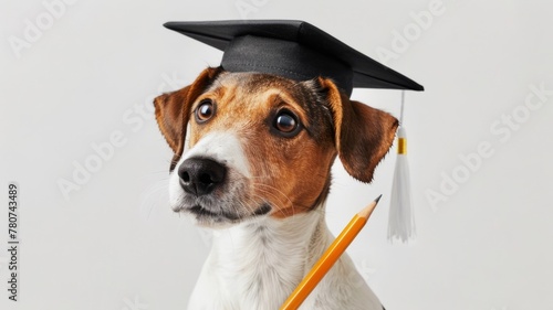 Dog with graduation cap holding pencil with mouth - A humorous take on academic achievement with a dog dressed in graduation attire, holding a pencil, poised and ready to learn © Mickey
