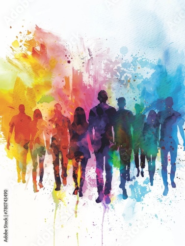 Group Walk in Vivid Watercolor Blend - A group of diverse individuals moving forward in a collective walk with watercolor background suggesting unity in diversity