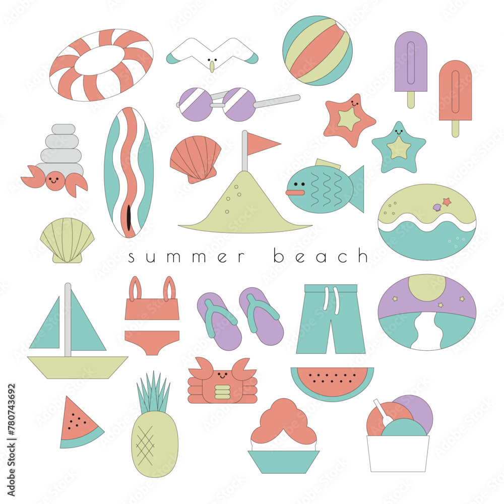 サマービーチ｜夏、海、イラスト、シンプル、線画、ぬりえ、ベクター、シンプル、シェイプ、アイス、水着、魚、浮き輪、サーフボード、かわいい、Y2K、デザイン