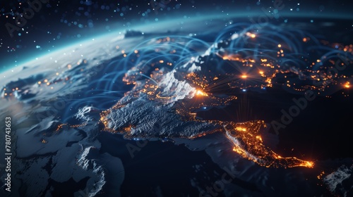 Futuristic cyber network across the globe, Antarctica lit, symbolizing global data transfer and communication