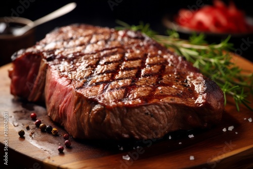 Tasty medium rare ribeye steak on a wooden board against a chenille fabric background