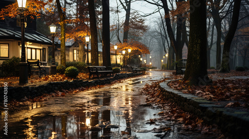 A Park in Heavy Rain With Street Lights and Shiny Reflective Autumn Leaves