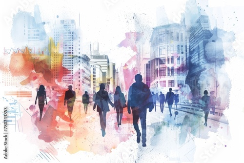 Vibrant watercolor cityscape with walking people - An exploding mix of watercolor and city life with silhouettes of business people walking It depicts the hustle of urban life