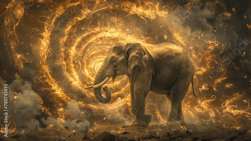 Fiery elephant in dynamic orange swirls - An intensely vibrant image featuring an elephant amidst dynamic fiery swirls and a dramatic explosion of orange