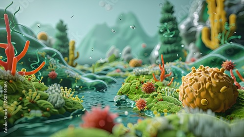 A 3D landscape showing the mutualistic relationship between humans and their gut flora. photo