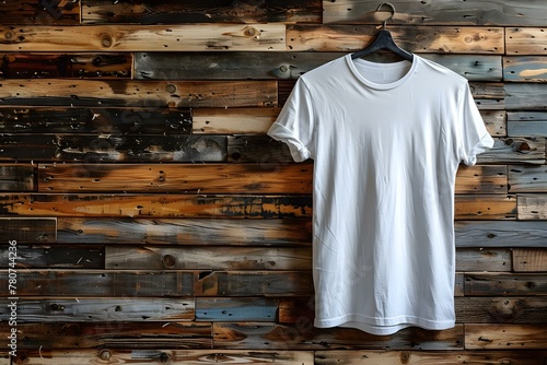 Branding Design Mockup: White T-Shirt on Wooden Background. Concept Mockup Design, Branding, White T-Shirt, Wooden Background, Graphic Design