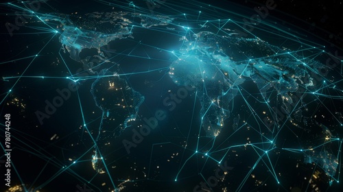 A world map aglow with the pathways of cyber technology and information exchange, mirroring the interconnected global network