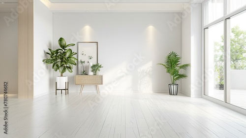 Large minimalist room in light colors with some decorative plants and light through the window