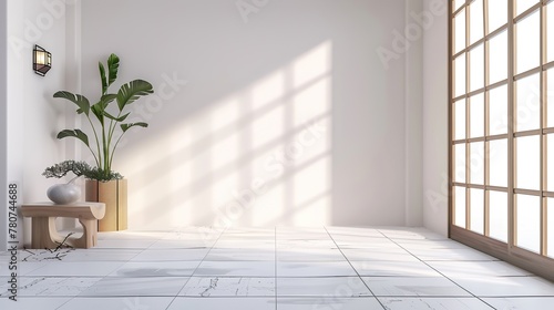 Spacious room in light tones with white background with lights and shadows from the window