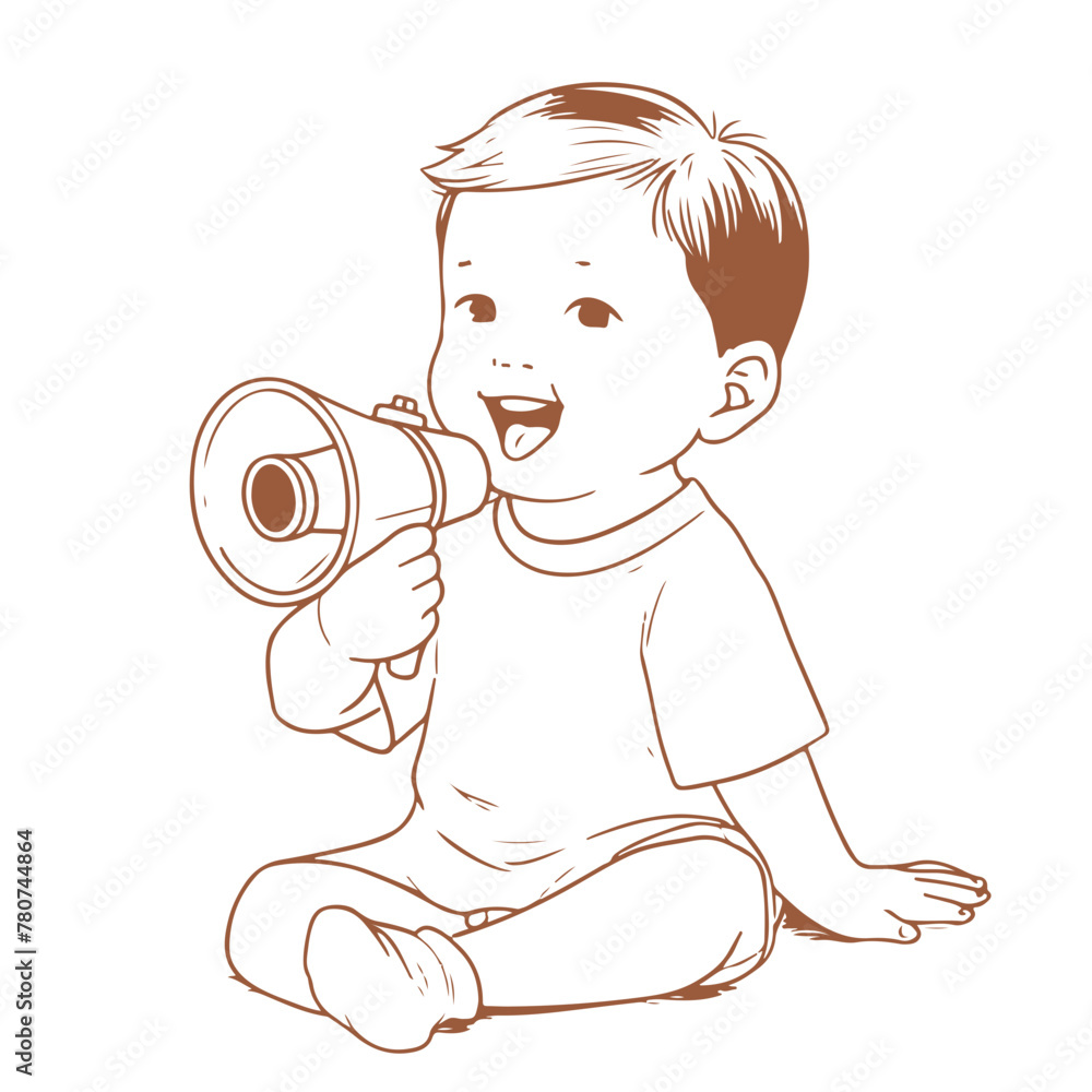 A young boy is holding a megaphone and smiling