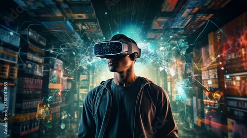  A man wearing a VR headset designs a detailed virtual world. On the background is full of floating codes.  photo