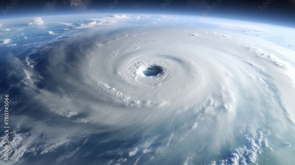 A photograph of a huge hurricane with swirling white clouds hangs in the blackness of space. Reflects light from the sun in oceans and seas.