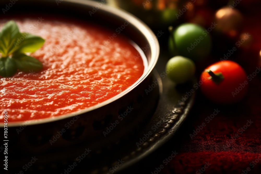 Tasty gazpacho on a metal tray against a chenille fabric background Tasty gazpacho on a metal tray against a chenille fabric background