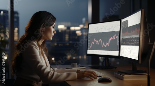 Businesswoman at desk using laptop to communicate and work on online stock market photo