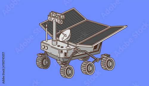 Space rover, spaceship, moon rover, in groovy style, line drawing isolated on blue background, space theme