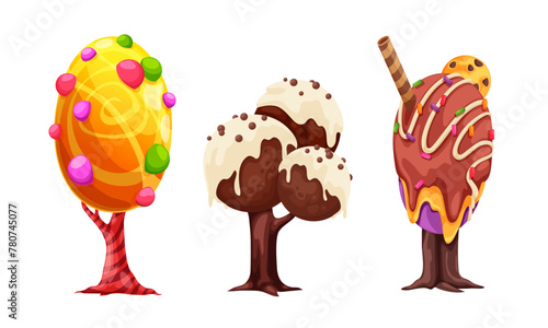 Set of three trees stylized as dessert with chocolate, candies and caramel, can be used for design of computer games, posters and advertising, trees isolated on white background