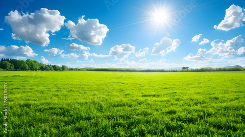 Vast green fields in summer with a sky with bright sun and clouds.