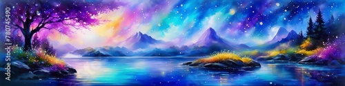 Watercolor illustration landscape spring lake on mountains background. Background for social media banner, website and for your design, space for text.