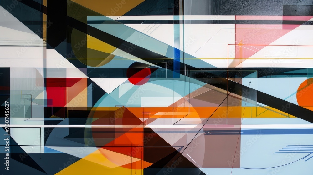 Fototapeta premium Complex abstract geometric painting with overlapping multicolored shapes and lines