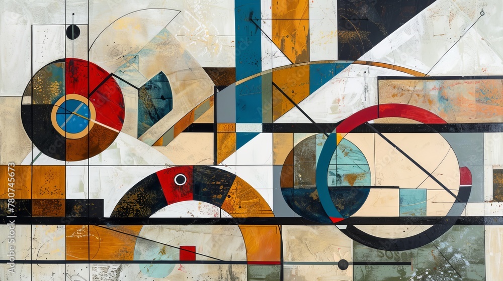 Abstract geometric painting with a complex set of shapes and lines ...