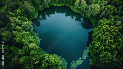 Aerial view of a circular lake forest. Summer green circular
