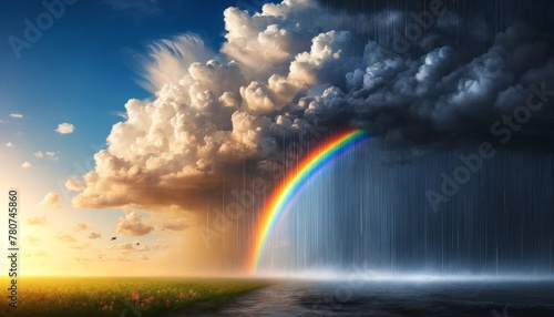 Rainstorm and Rainbow Over Sunlit Flower Field