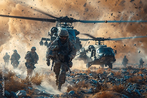 Intense front view of soldiers with full gear as a helicopter lands amid a cloud of dust in a hostile terrain