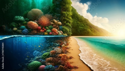 Tropical Beach with Underwater Coral Wonderland © Chayan