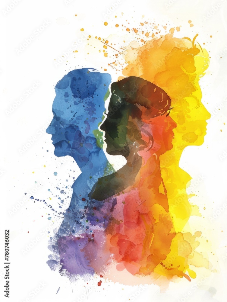 Expressive Faces with Watercolor Splashes - Two faces in profile with contrasting watercolor splashes signify the complexity and depth of human emotions - obrazy, fototapety, plakaty 