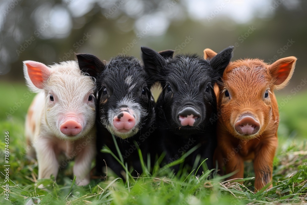 A charming capture of four piglets with distinct color markings standing together in a fresh green environment A charming capture of four piglets with distinct color markings standing together in a fresh green environment