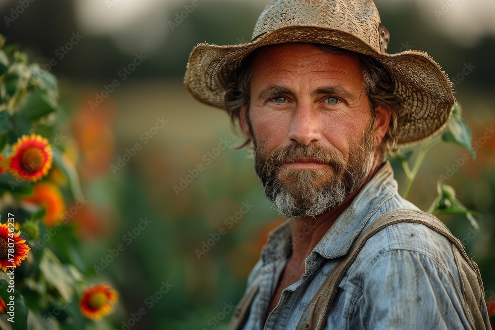 A mature man with a hat gazes thoughtfully in a field with sunflowers, embodying rural wisdom A mature man with a hat gazes thoughtfully in a field with sunflowers, embodying rural wisdom