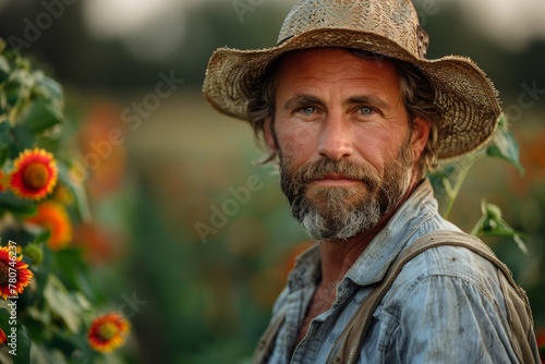 A mature man with a hat gazes thoughtfully in a field with sunflowers, embodying rural wisdom