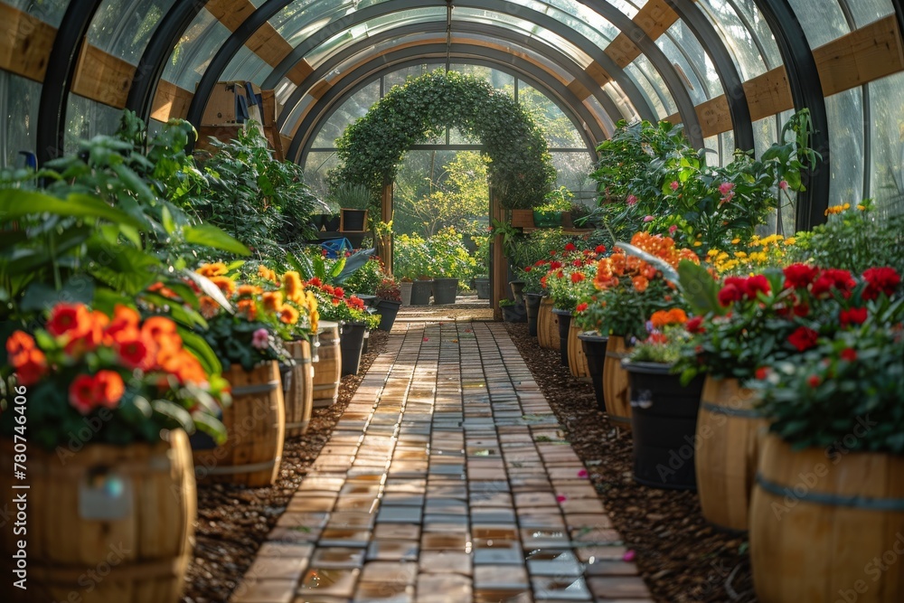 Pathway in a greenhouse lined with colorful flowers in pots, presenting an inviting and picturesque garden scene Pathway in a greenhouse lined with colorful flowers in pots, presenting an inviting and picturesque garden scene