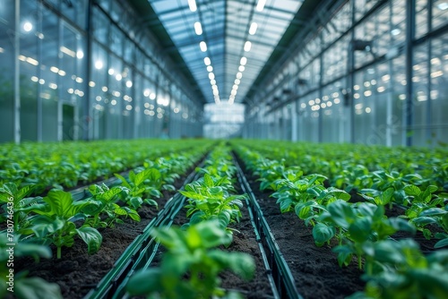 The vast perspective of an industrial greenhouse with endless rows of vibrant green basil plants neatly aligned