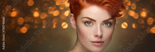 Studio portrait of beautiful young ginger woman with short hair style on studio colour background photo