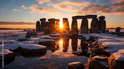 A Glorious Winter Solstice Sunrise at Stonehenge Where The Sun is Still Low and the Light Streaming Between The Monument Blocks