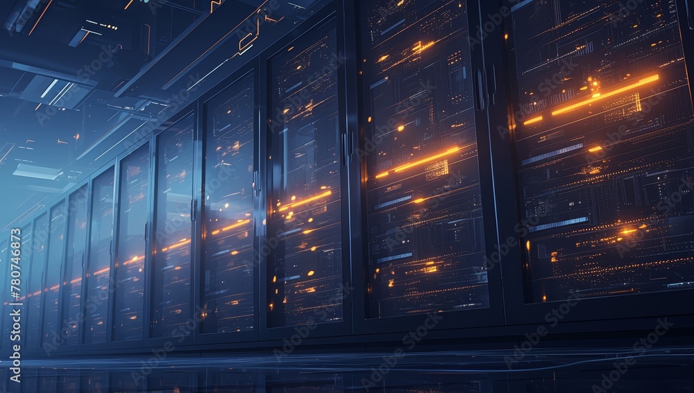 A row of dark blue and black server cabinets with orange lights in the middle, against a blurred background of data center equipment. - obrazy, fototapety, plakaty 