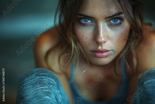 A striking close-up of a blue-eyed woman staring intensely at the camera photo