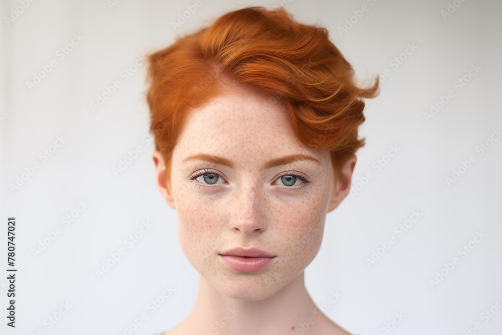 Naklejka premium Studio portrait of beautiful young ginger woman with short hair style on studio colour background