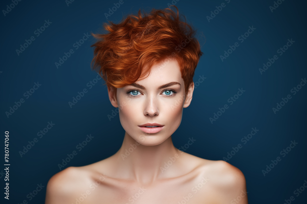 Studio portrait of beautiful young ginger woman with short hair style on studio colour background