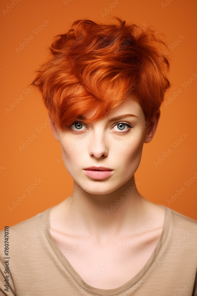 Studio portrait of beautiful young ginger woman with short hair style on studio colour background Studio portrait of beautiful young ginger woman with short hair style on studio colour background
