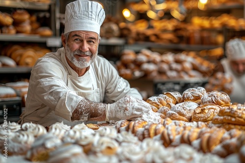 Senior baker in a chef's uniform smiling warmly in a bakery full of different types of pastries and bread